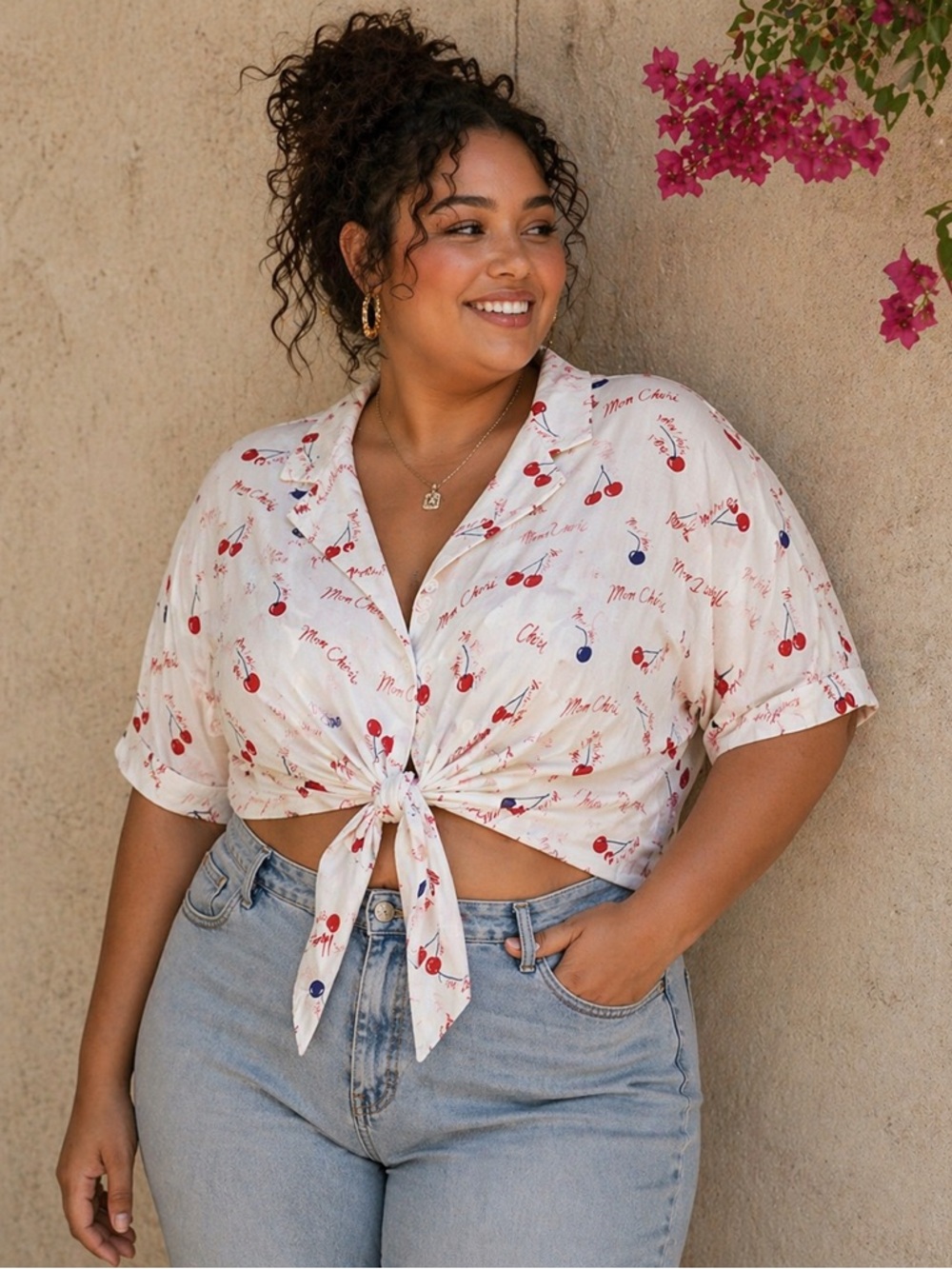 Popsugar Mon Cheri Cherry Print Tie Front Blouse XL Anthro Style Parisian Chic